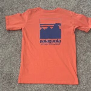 Patagonia Vibrant Orange Tee with Blue Design